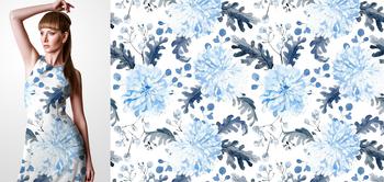 33069 Materiał ze wzorem kwiaty (peonia) i liście w odcieniach niebieskiego w stylu akwareli na białym tle
